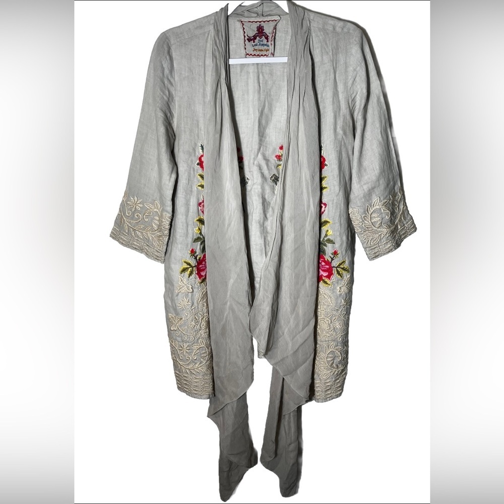 Johnny Was Los Angeles Joy Joye Light Linen Embroidered Open Front Cardigan Sz S